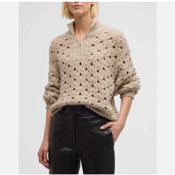 Brunello Cucinelli Paillette Round Open-Weave Cashmere Blend Zip Sweater - Picture 1 of 11